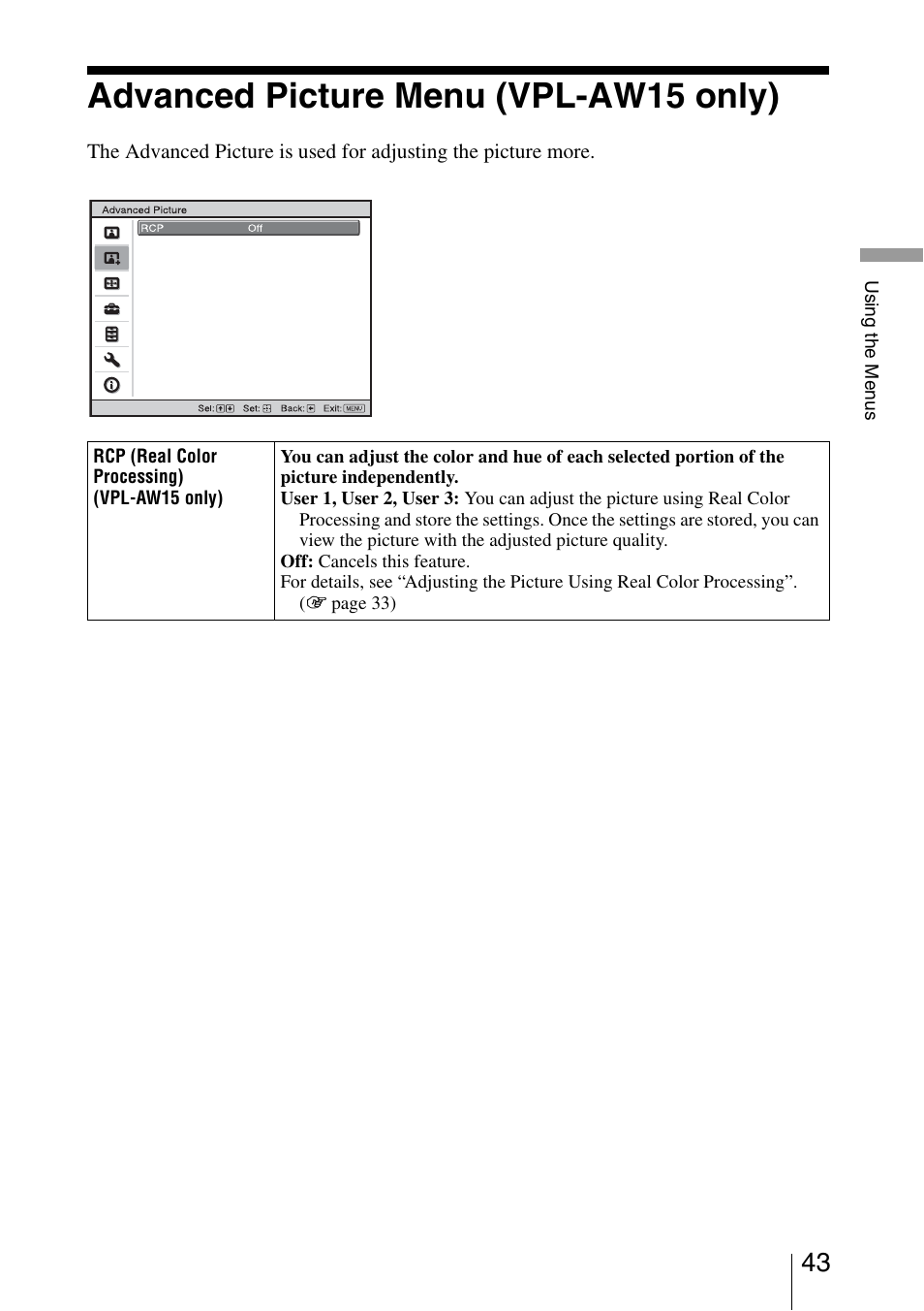 Advanced picture menu (vpl-aw15 only) | Sony VPL-AW10 User Manual | Page 43 / 76