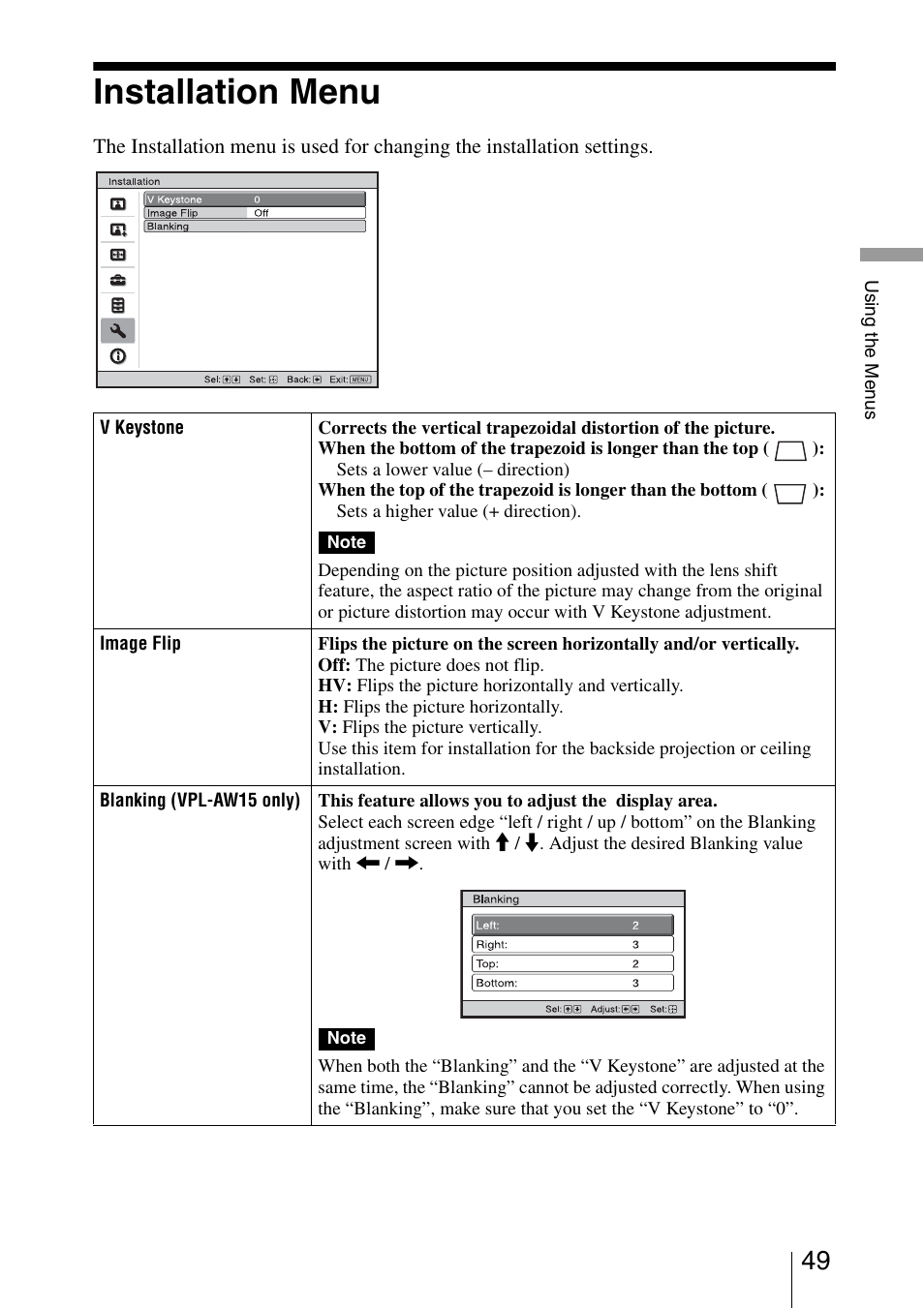 Installation menu, Menu | Sony VPL-AW10 User Manual | Page 49 / 76