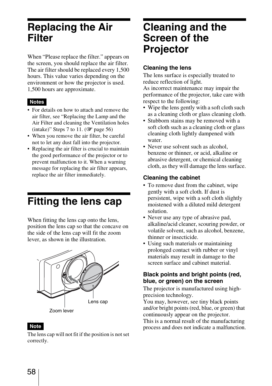 Replacing the air filter, Fitting the lens cap, Cleaning and the screen of the projector | Sony VPL-AW10 User Manual | Page 58 / 76