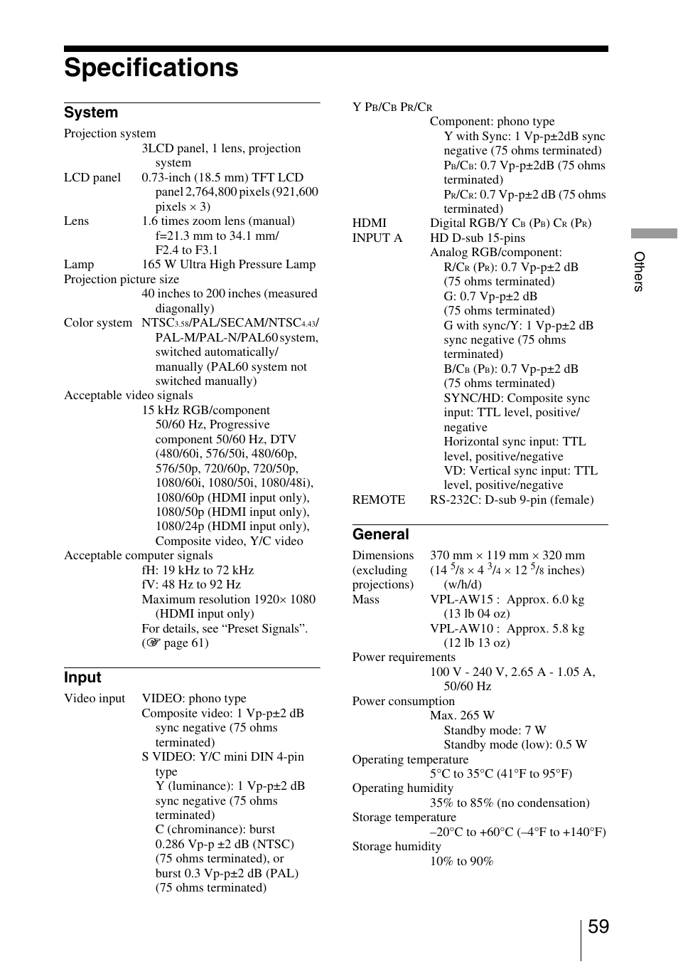 Specifications, System, Input | General | Sony VPL-AW10 User Manual | Page 59 / 76