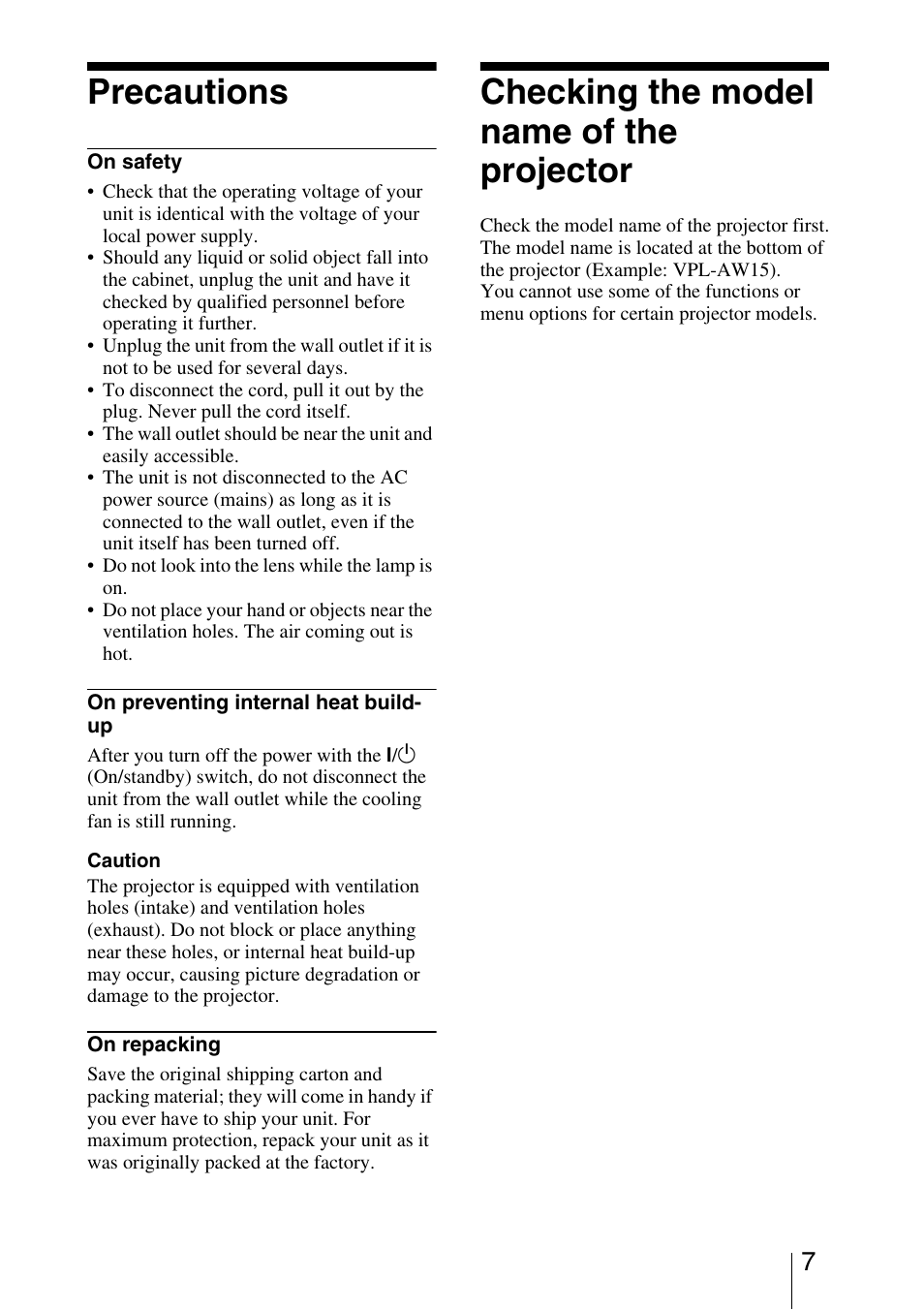 Precautions, Checking the model name of the projector | Sony VPL-AW10 User Manual | Page 7 / 76