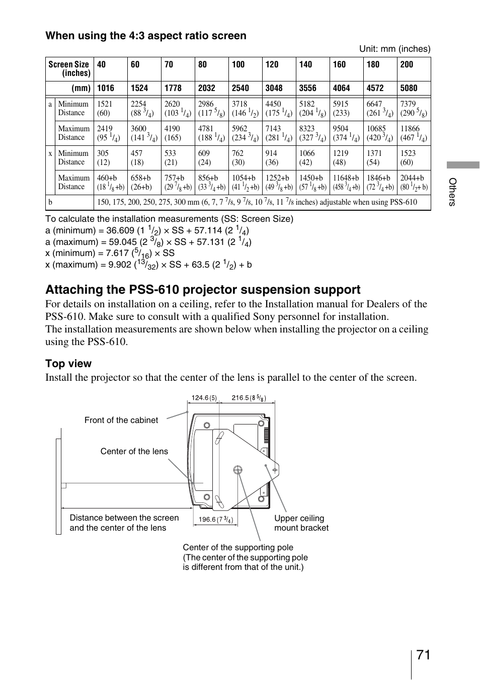 Attaching the pss-610 projector suspension support, When using the 4:3 aspect ratio screen | Sony VPL-AW10 User Manual | Page 71 / 76