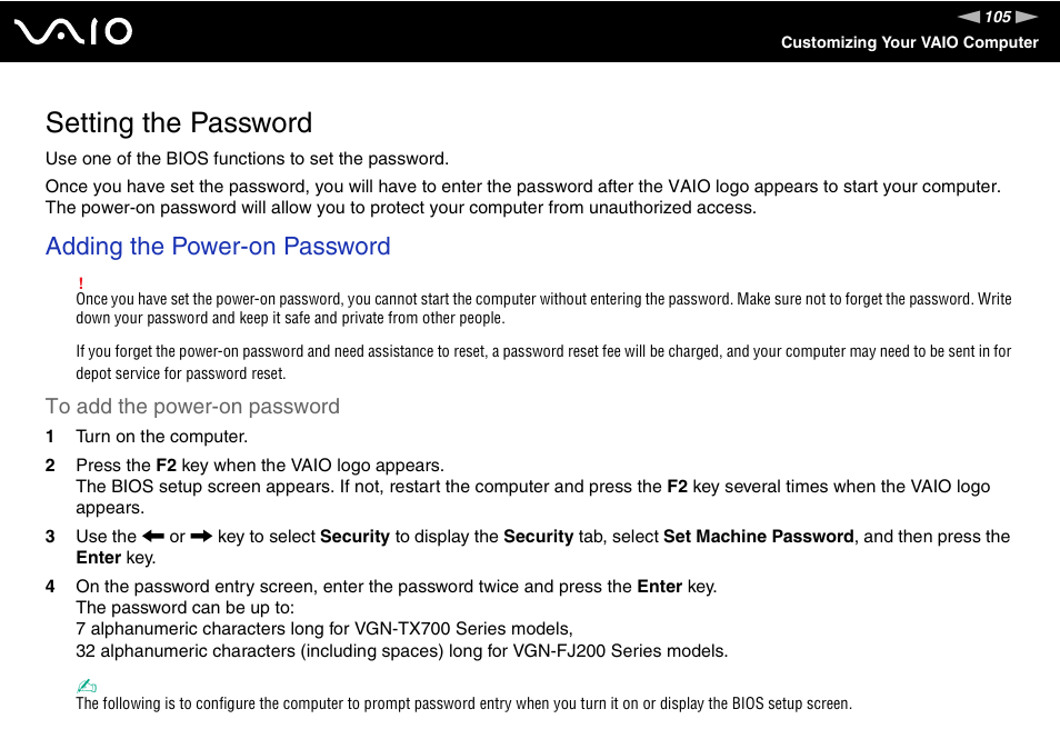 Setting the password, Adding the power-on password | Sony VGN-TX700 User Manual | Page 105 / 195