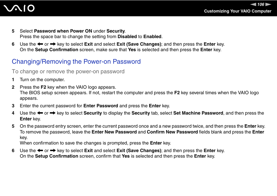 Changing/removing the power-on password | Sony VGN-TX700 User Manual | Page 106 / 195