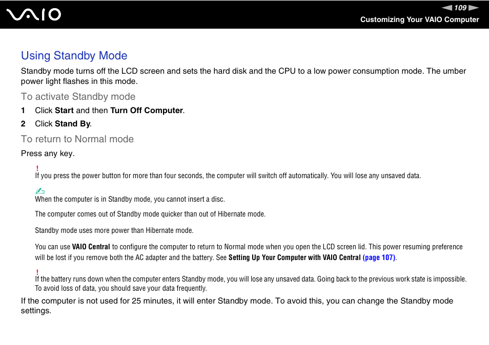 Using standby mode | Sony VGN-TX700 User Manual | Page 109 / 195