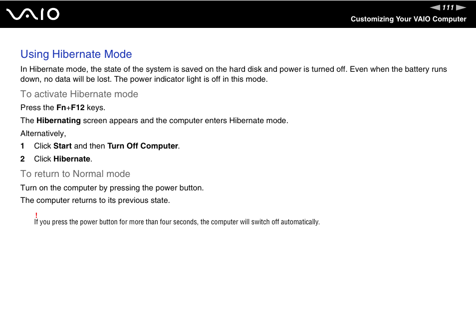 Using hibernate mode | Sony VGN-TX700 User Manual | Page 111 / 195