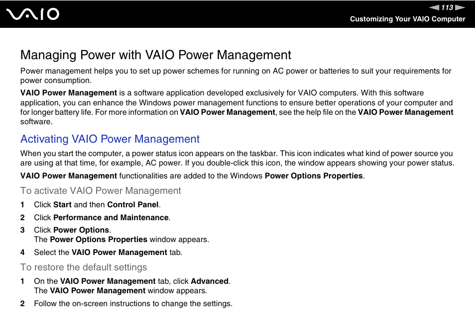 Managing power with vaio power management, Activating vaio power management | Sony VGN-TX700 User Manual | Page 113 / 195