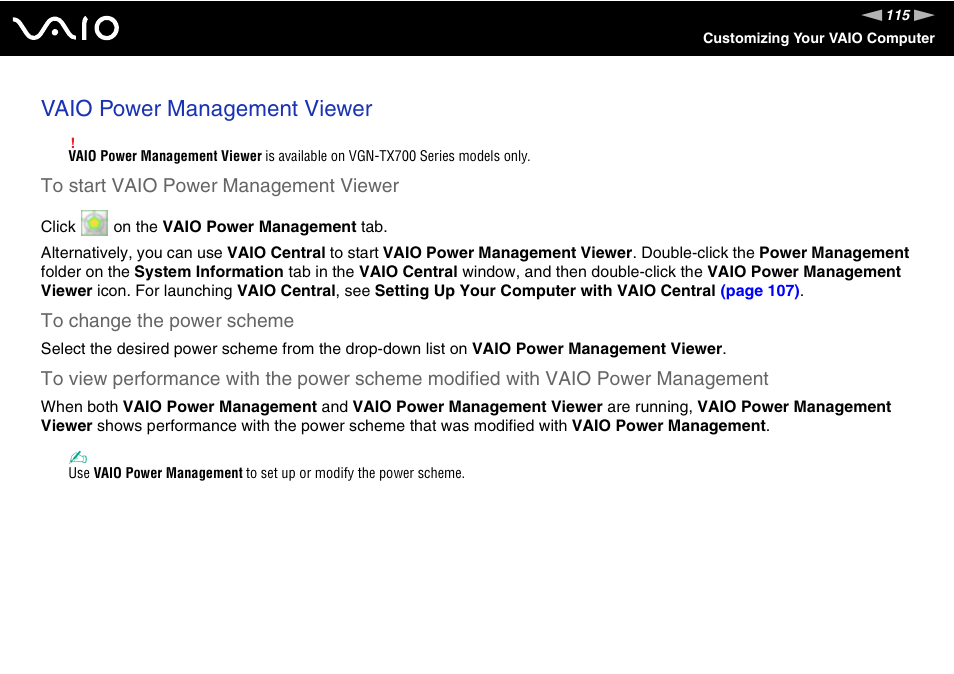 Vaio power management viewer | Sony VGN-TX700 User Manual | Page 115 / 195