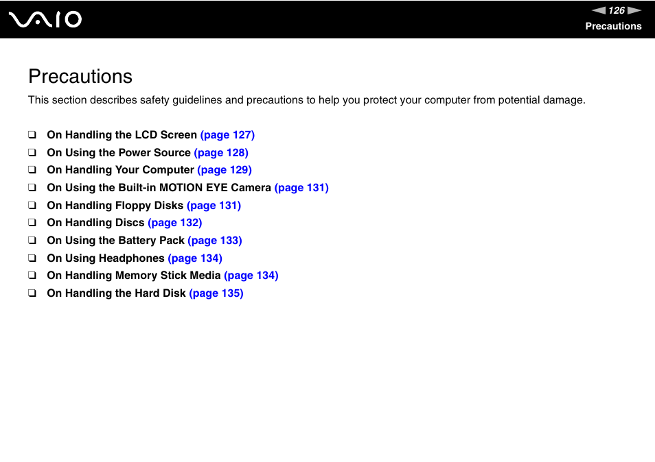 Precautions | Sony VGN-TX700 User Manual | Page 126 / 195