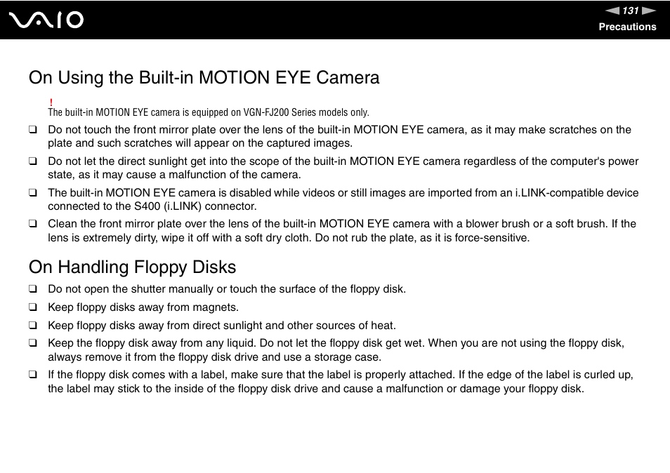 On using the built-in motion eye camera, On handling floppy disks | Sony VGN-TX700 User Manual | Page 131 / 195