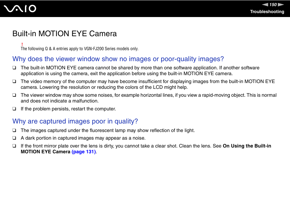 Built-in motion eye camera, Why are captured images poor in quality | Sony VGN-TX700 User Manual | Page 150 / 195