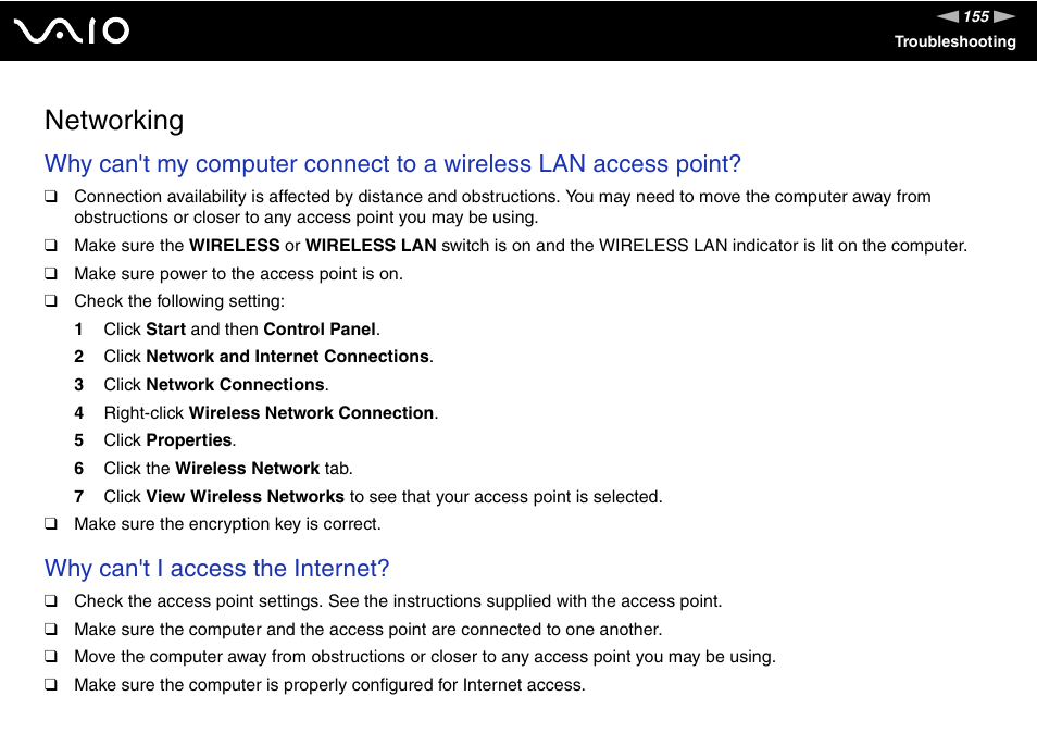 Networking, Why can't i access the internet | Sony VGN-TX700 User Manual | Page 155 / 195