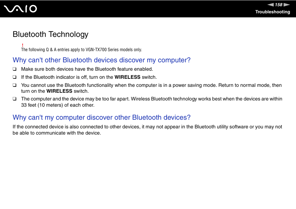 Bluetooth technology | Sony VGN-TX700 User Manual | Page 158 / 195