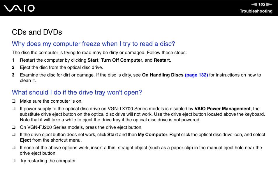 Cds and dvds, What should i do if the drive tray won't open | Sony VGN-TX700 User Manual | Page 163 / 195