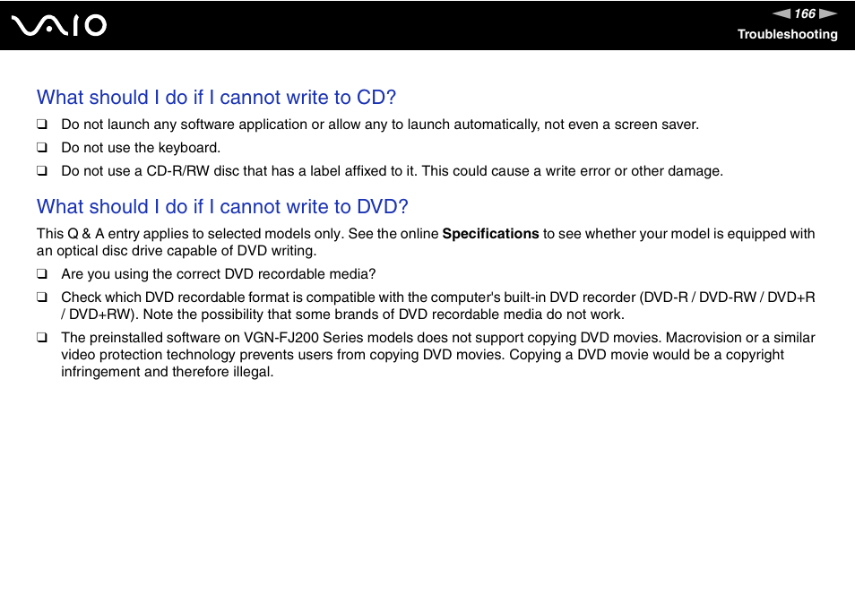 What should i do if i cannot write to cd, What should i do if i cannot write to dvd | Sony VGN-TX700 User Manual | Page 166 / 195