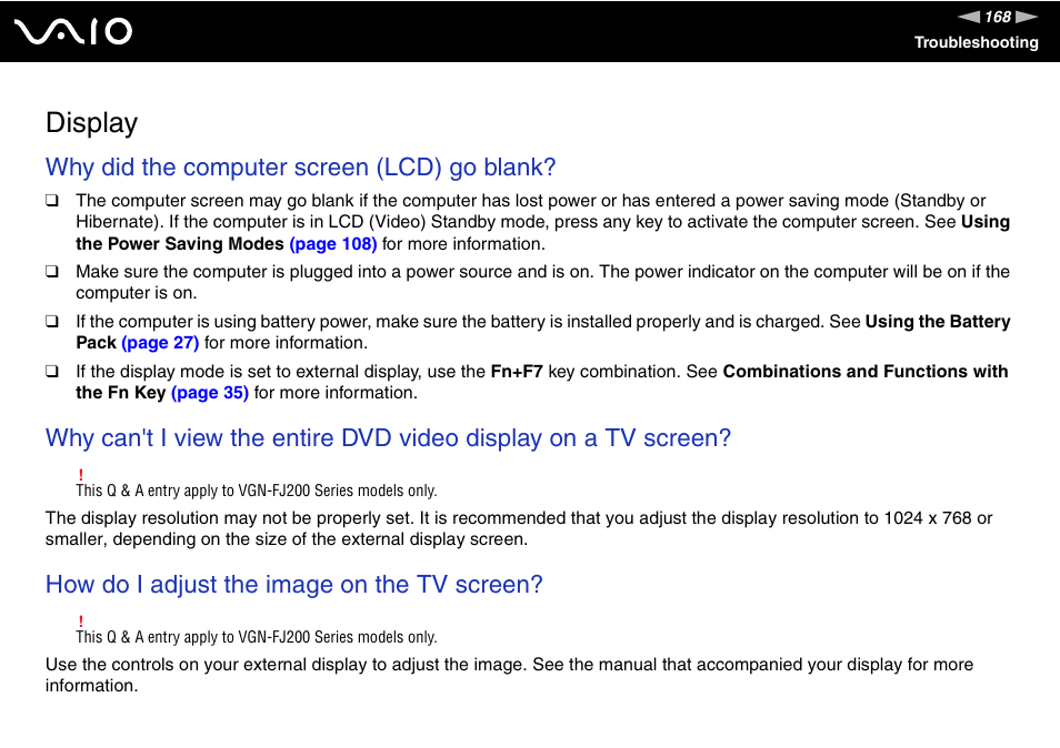 Display, Why did the computer screen (lcd) go blank, How do i adjust the image on the tv screen | Sony VGN-TX700 User Manual | Page 168 / 195