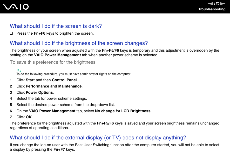 What should i do if the screen is dark | Sony VGN-TX700 User Manual | Page 170 / 195