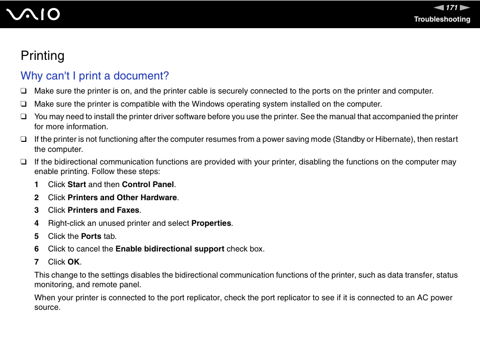 Printing, Inting, Why can't i print a document | Sony VGN-TX700 User Manual | Page 171 / 195