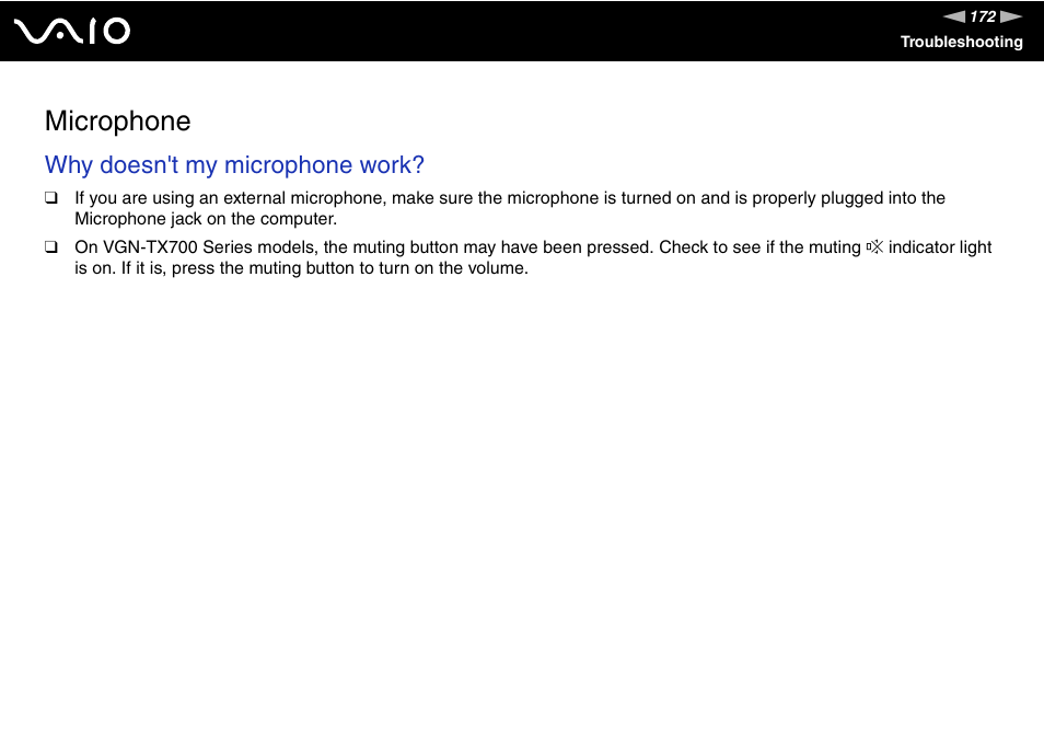 Microphone, Why doesn't my microphone work | Sony VGN-TX700 User Manual | Page 172 / 195