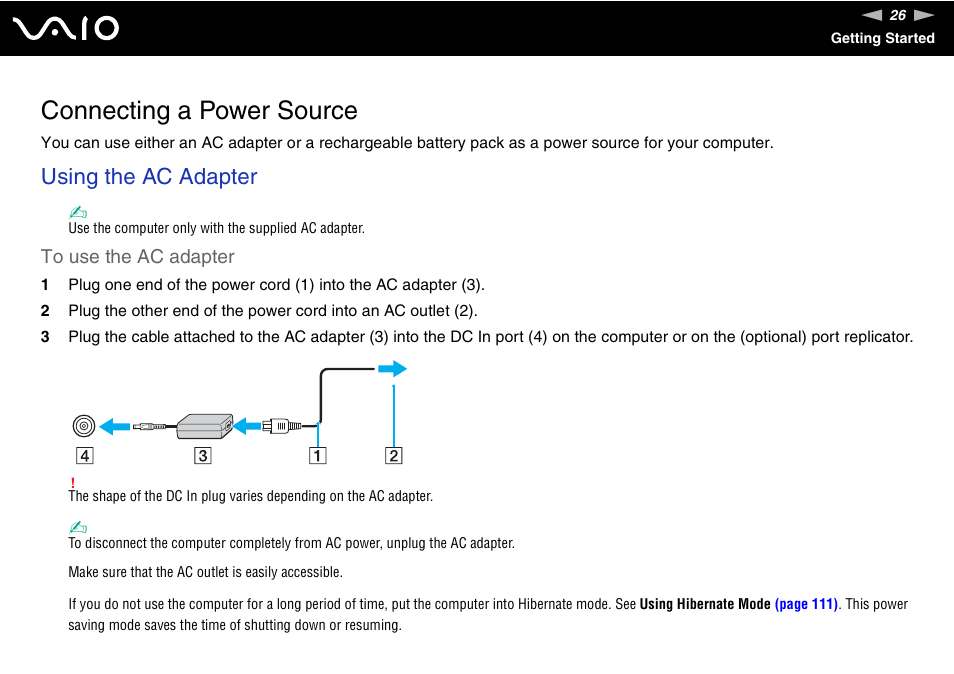 Connecting a power source, Using the ac adapter | Sony VGN-TX700 User Manual | Page 26 / 195