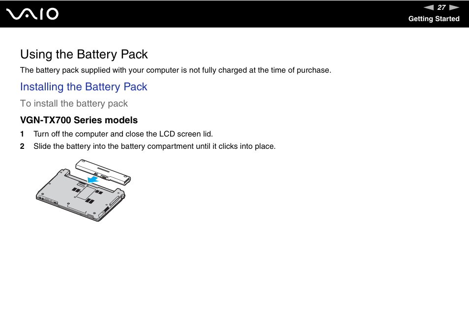 Using the battery pack, Installing the battery pack | Sony VGN-TX700 User Manual | Page 27 / 195