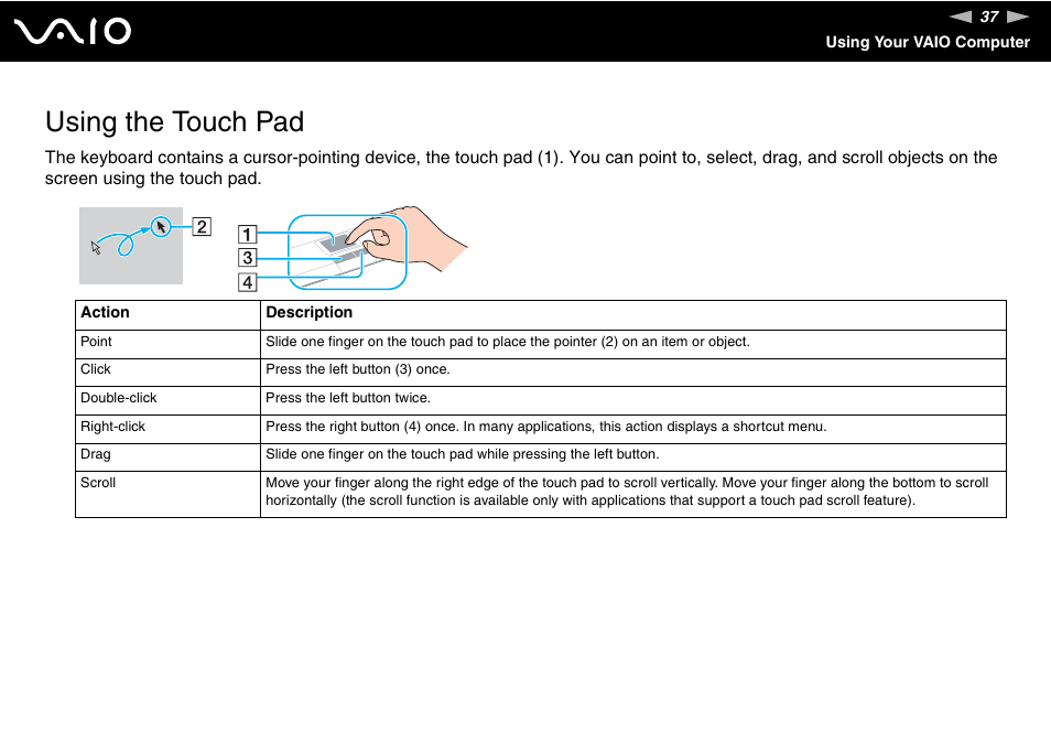 Using the touch pad | Sony VGN-TX700 User Manual | Page 37 / 195