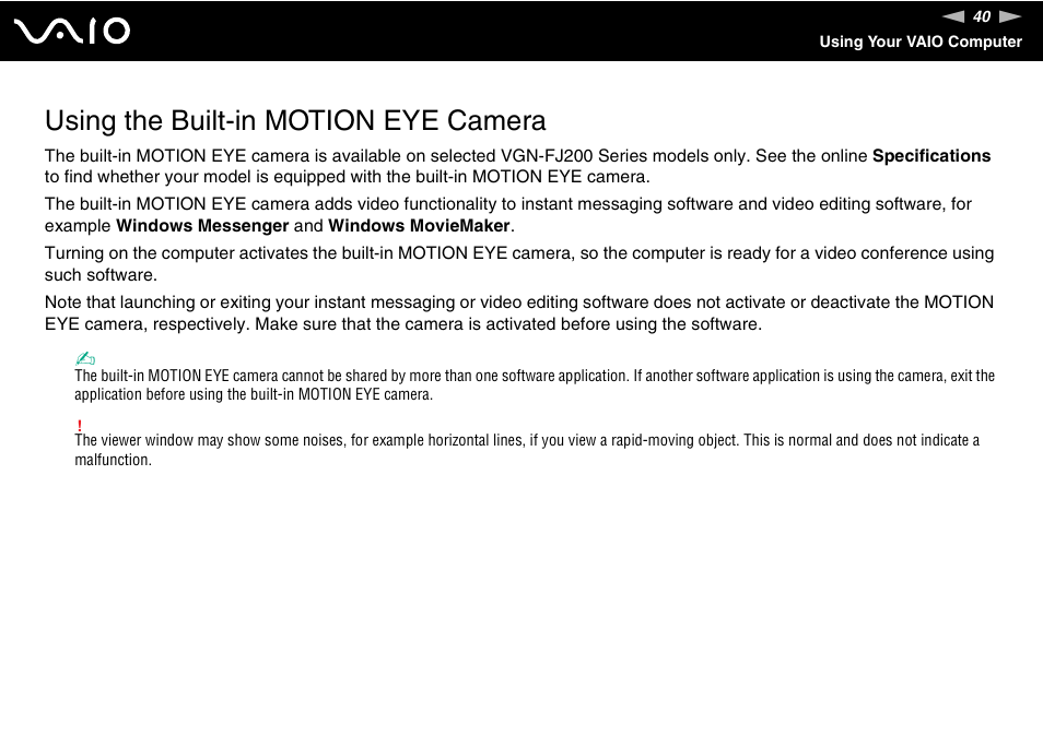 Using the built-in motion eye camera | Sony VGN-TX700 User Manual | Page 40 / 195