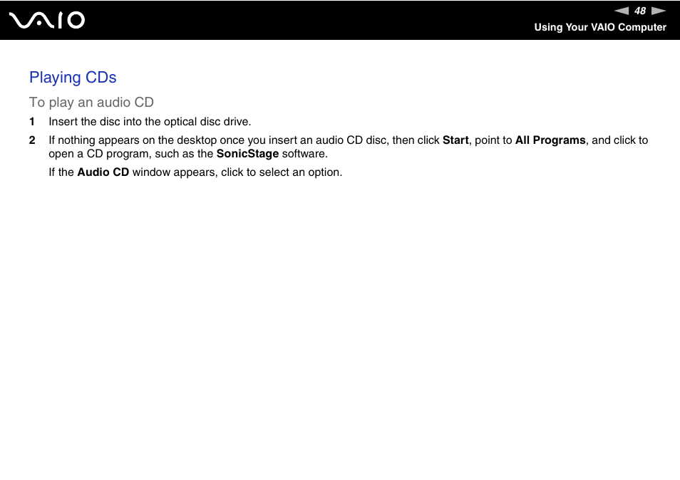 Playing cds | Sony VGN-TX700 User Manual | Page 48 / 195