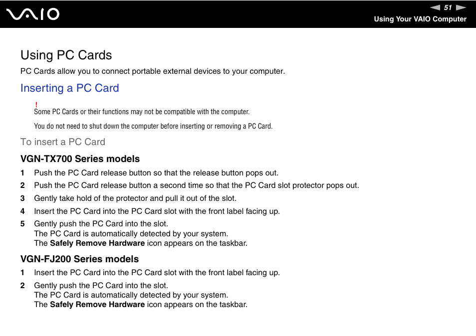 Using pc cards, Inserting a pc card | Sony VGN-TX700 User Manual | Page 51 / 195