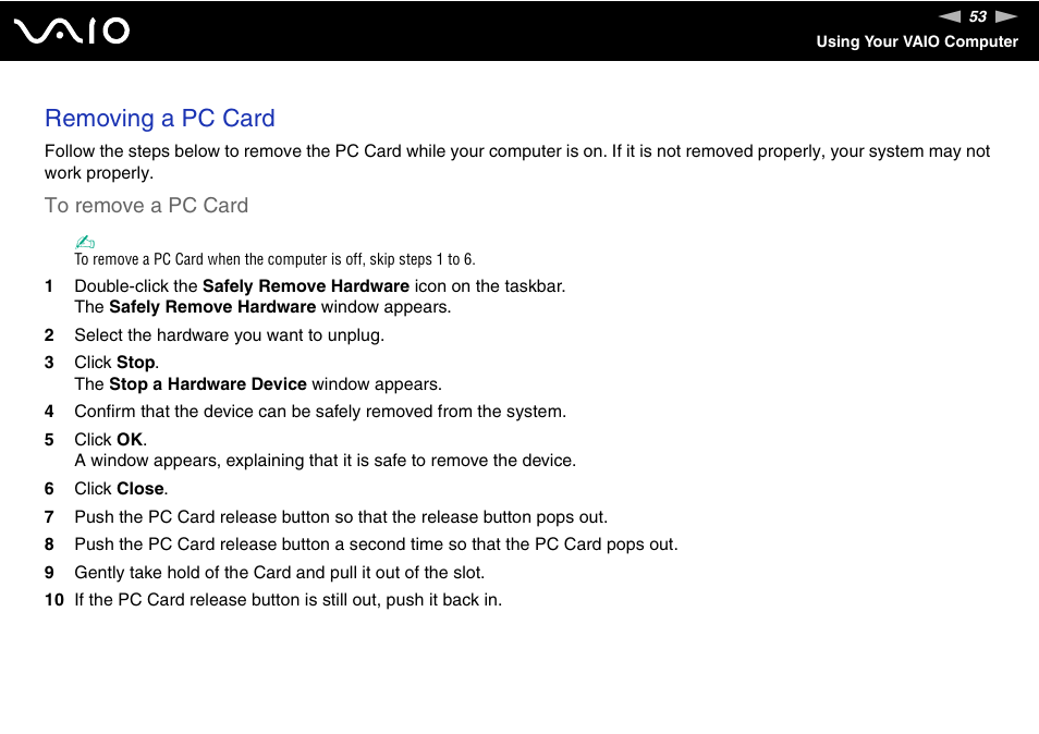 Removing a pc card | Sony VGN-TX700 User Manual | Page 53 / 195