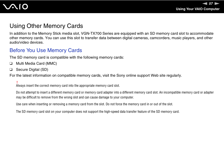 Using other memory cards | Sony VGN-TX700 User Manual | Page 57 / 195