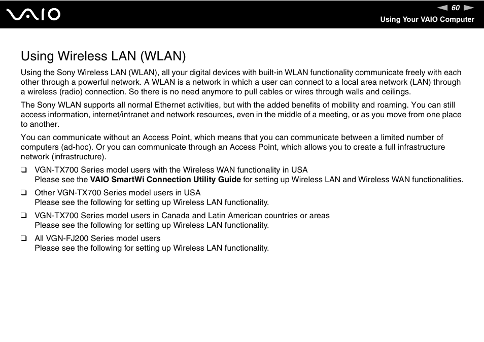 Using wireless lan (wlan) | Sony VGN-TX700 User Manual | Page 60 / 195