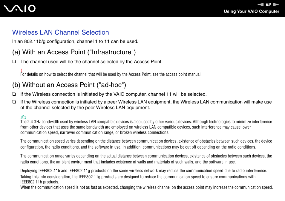 Wireless lan channel selection, A) with an access point ("infrastructure"), B) without an access point ("ad-hoc") | Sony VGN-TX700 User Manual | Page 69 / 195