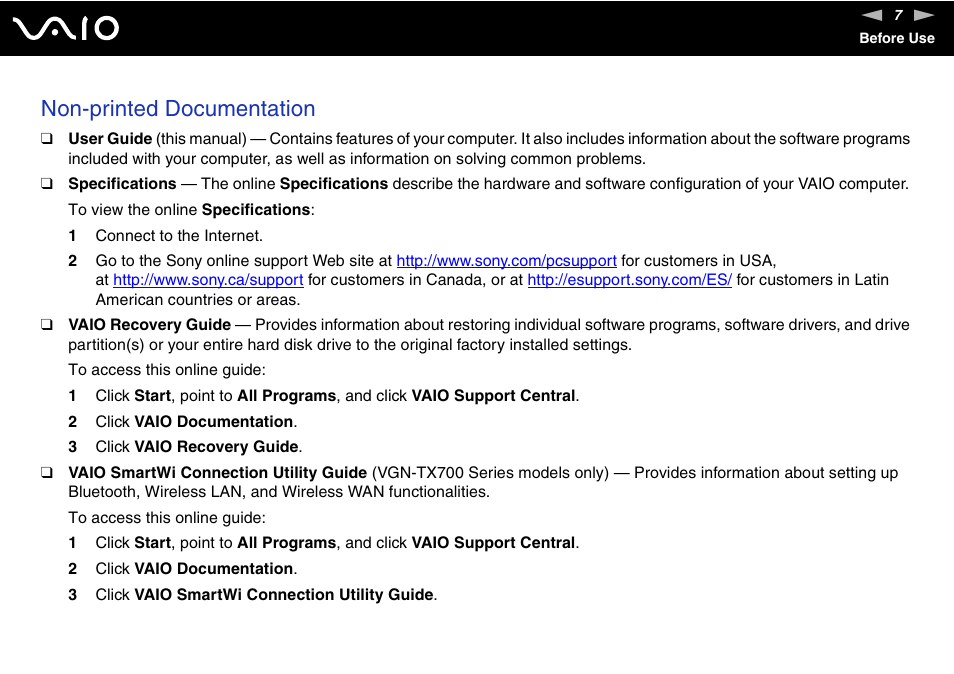 Non-printed documentation | Sony VGN-TX700 User Manual | Page 7 / 195