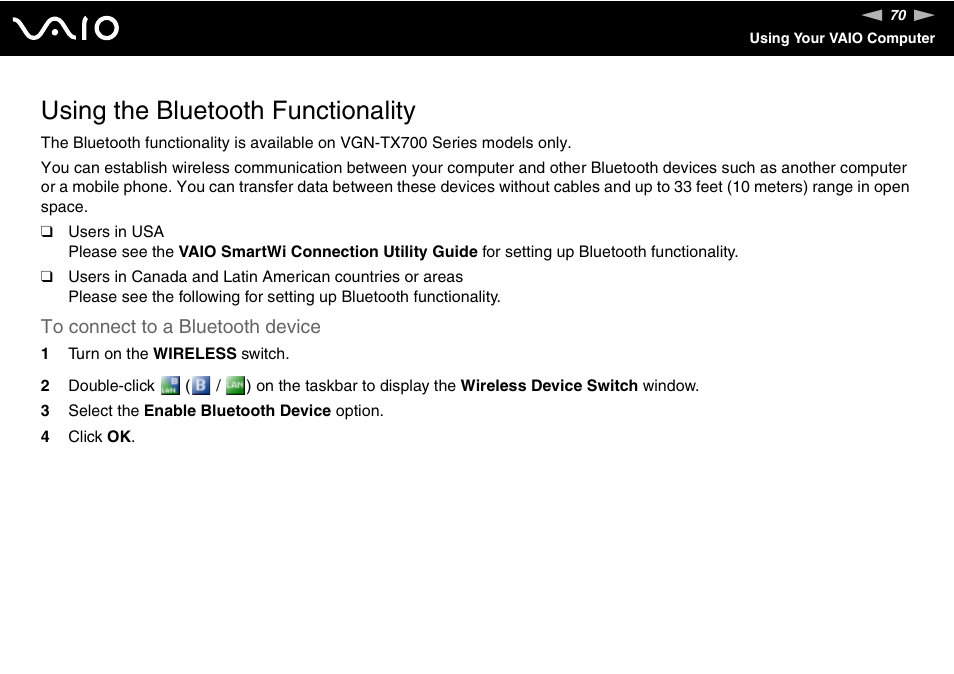 Using the bluetooth functionality | Sony VGN-TX700 User Manual | Page 70 / 195