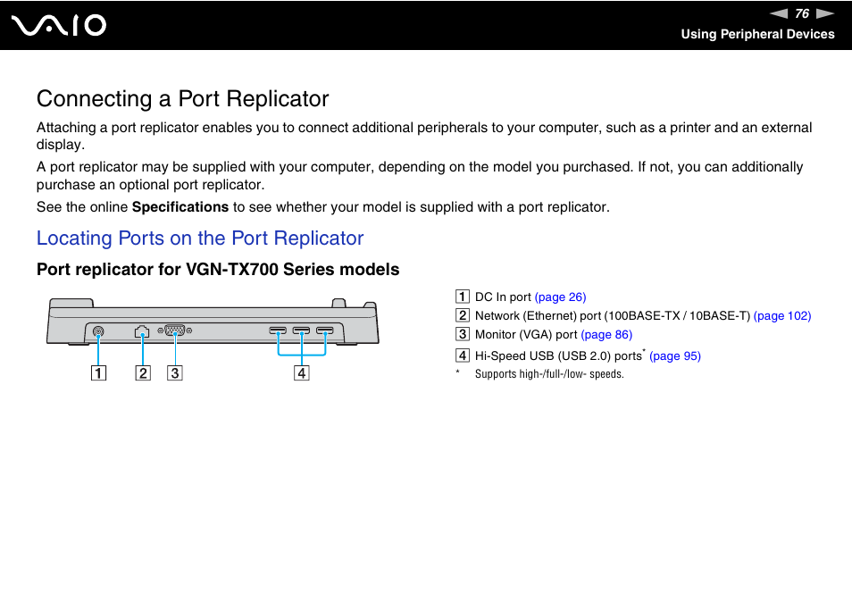 Connecting a port replicator, Locating ports on the port replicator, Port replicator for vgn-tx700 series models | Sony VGN-TX700 User Manual | Page 76 / 195