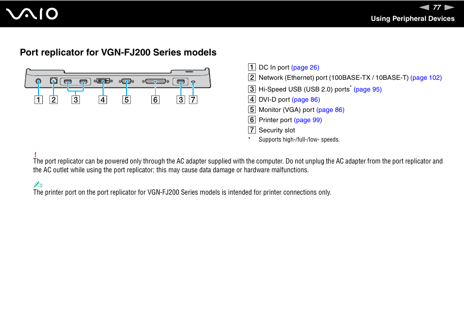 Port replicator for vgn-fj200 series models | Sony VGN-TX700 User Manual | Page 77 / 195