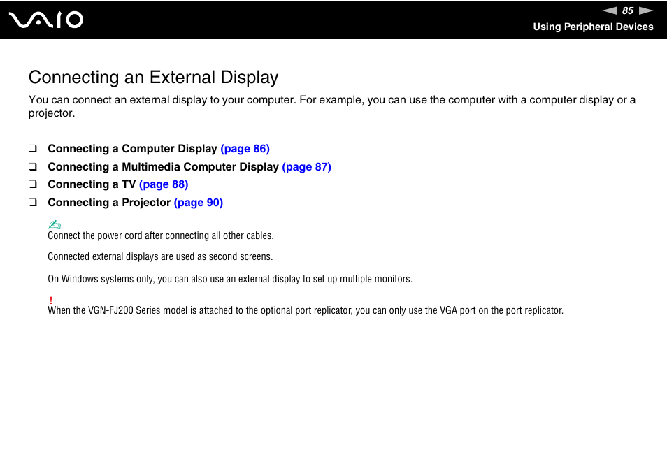 Connecting an external display | Sony VGN-TX700 User Manual | Page 85 / 195