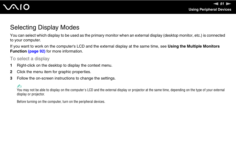 Selecting display modes | Sony VGN-TX700 User Manual | Page 91 / 195