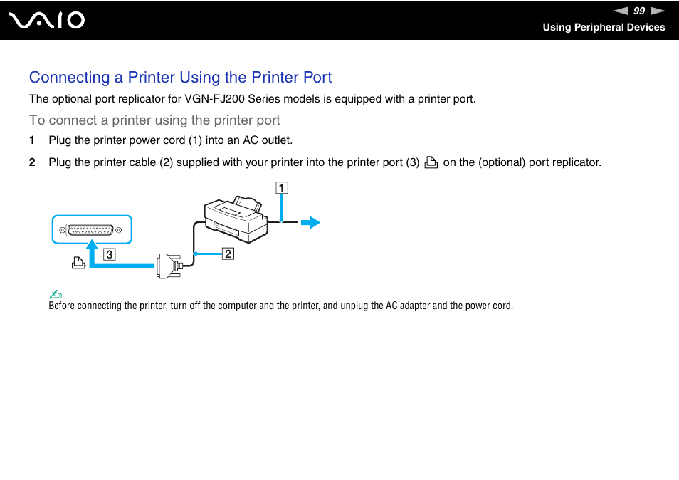 Connecting a printer using the printer port | Sony VGN-TX700 User Manual | Page 99 / 195