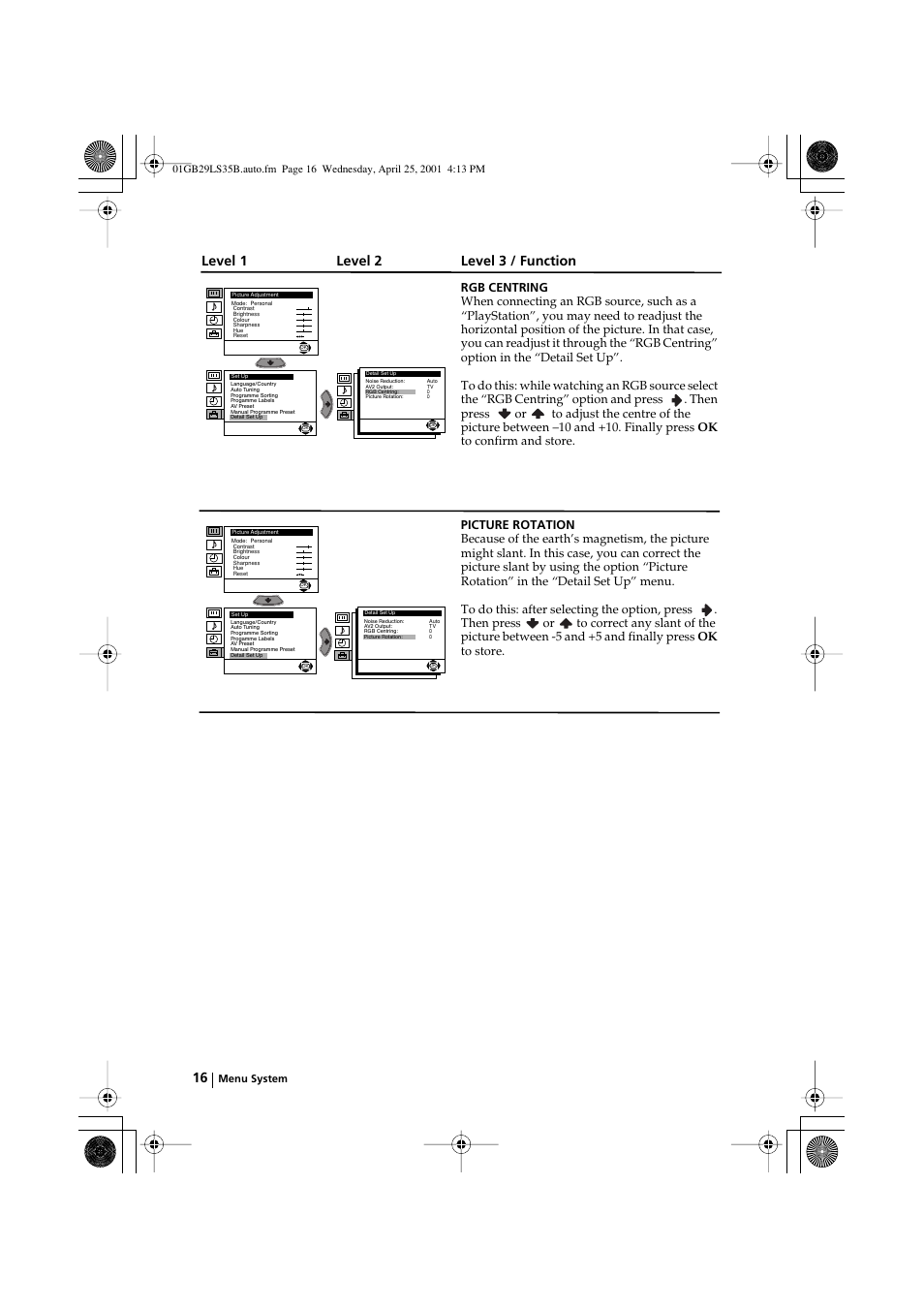 Level 1 level 2 level 3 / function, Menu system | Sony FD Trinitron KV-29LS35B User Manual | Page 16 / 23