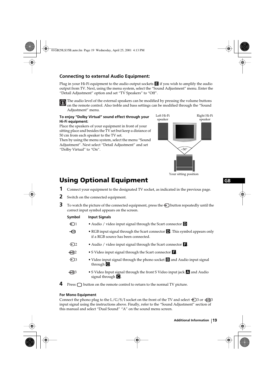 Using optional equipment, Gb connecting to external audio equipment | Sony FD Trinitron KV-29LS35B User Manual | Page 19 / 23