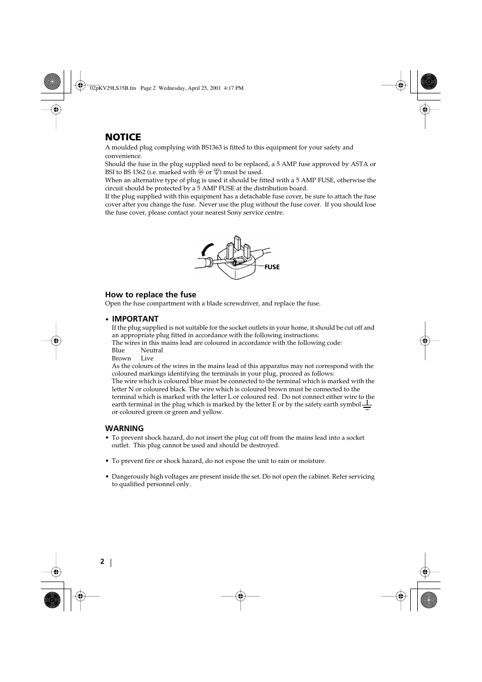 Notice | Sony FD Trinitron KV-29LS35B User Manual | Page 2 / 23