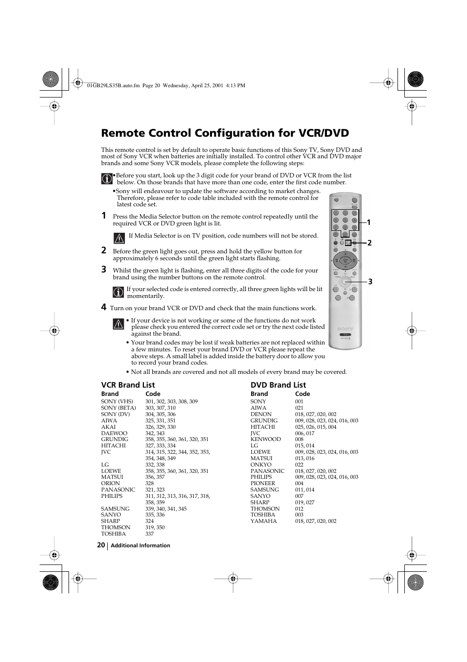 Remote control configuration for vcr/dvd, Vcr brand list dvd brand list | Sony FD Trinitron KV-29LS35B User Manual | Page 20 / 23