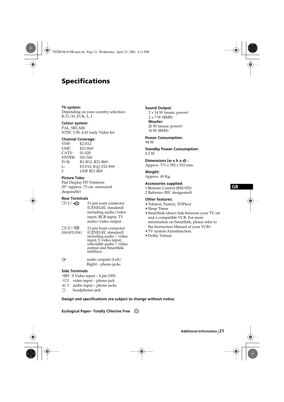 Specifications | Sony FD Trinitron KV-29LS35B User Manual | Page 21 / 23