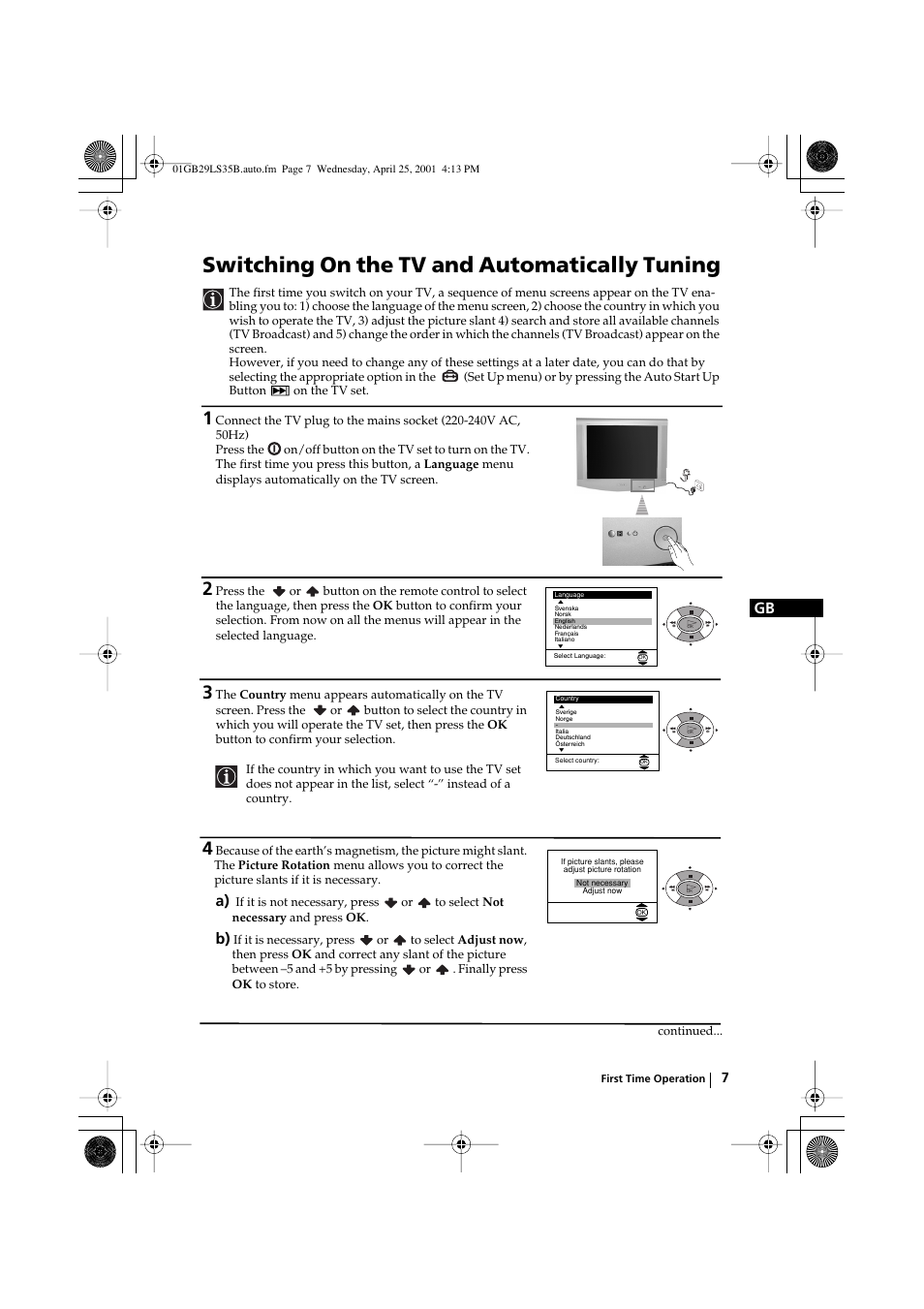 Switching on the tv and automatically tuning | Sony FD Trinitron KV-29LS35B User Manual | Page 7 / 23