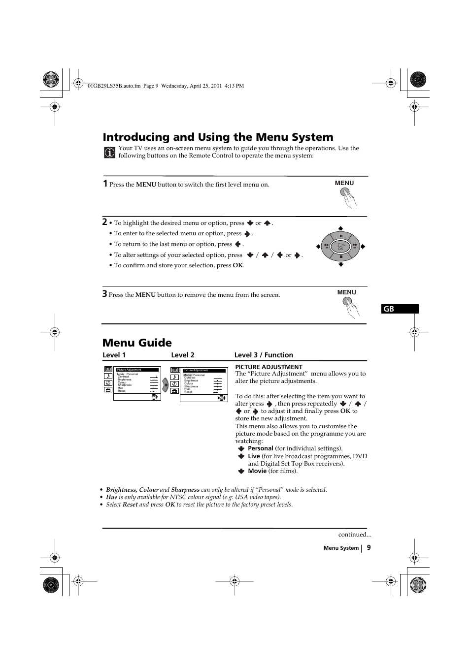 Introducing and using the menu system, Menu guide | Sony FD Trinitron KV-29LS35B User Manual | Page 9 / 23