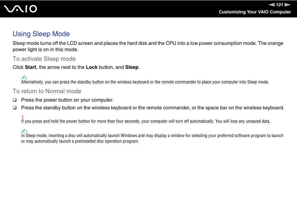 Using sleep mode | Sony VGC-LS30 User Manual | Page 101 / 171