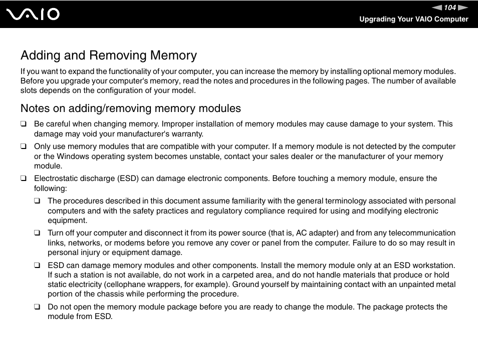 Adding and removing memory | Sony VGC-LS30 User Manual | Page 104 / 171