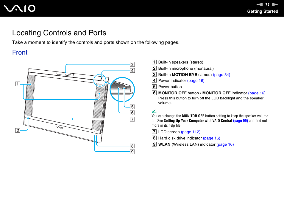 Locating controls and ports, Front | Sony VGC-LS30 User Manual | Page 11 / 171